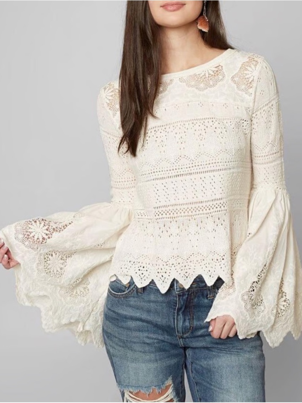 Free People Once Upon a Time Bohemian Lace Crochet Long-Sleeve Top in Cream